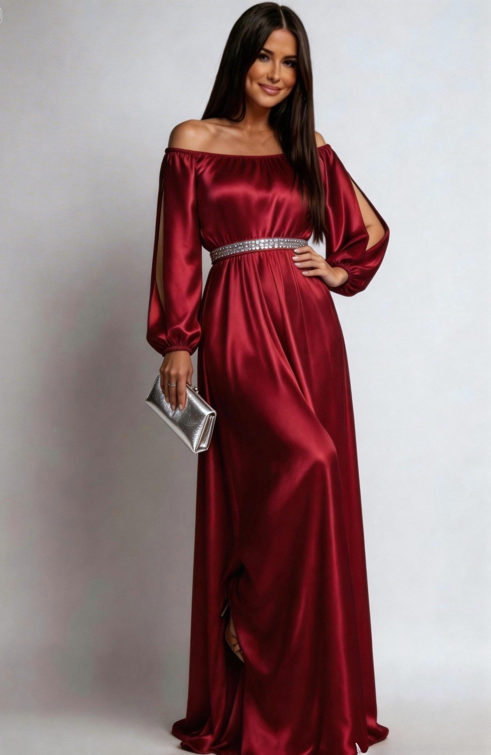 rochie lunga Rochie lunga burgundy din satin vaporoasa cu maneca lunga Larisa