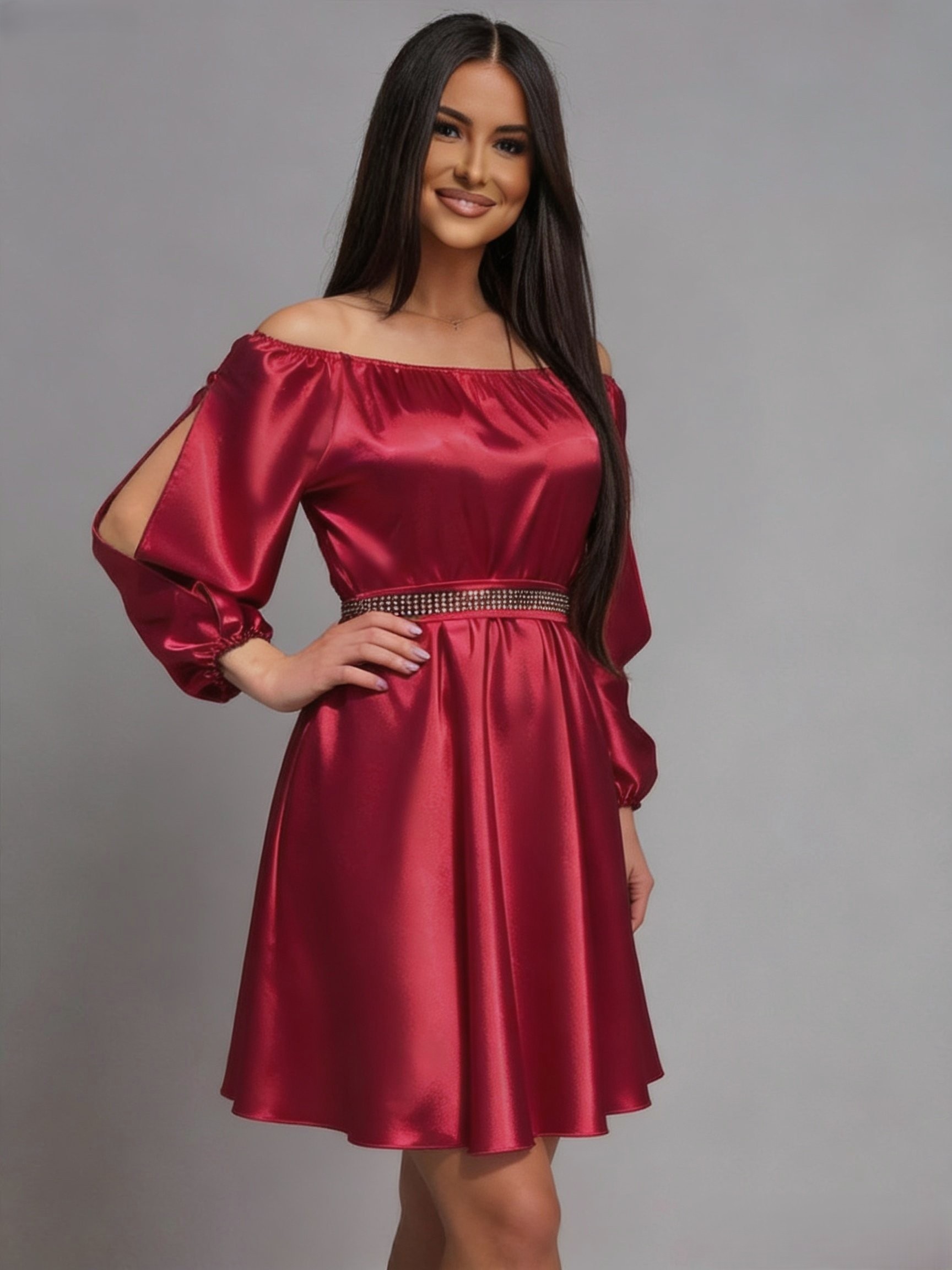 rochie roz scurta eleganta Rochie scurta rosie din satin babydoll cu umerii goi Calirroe