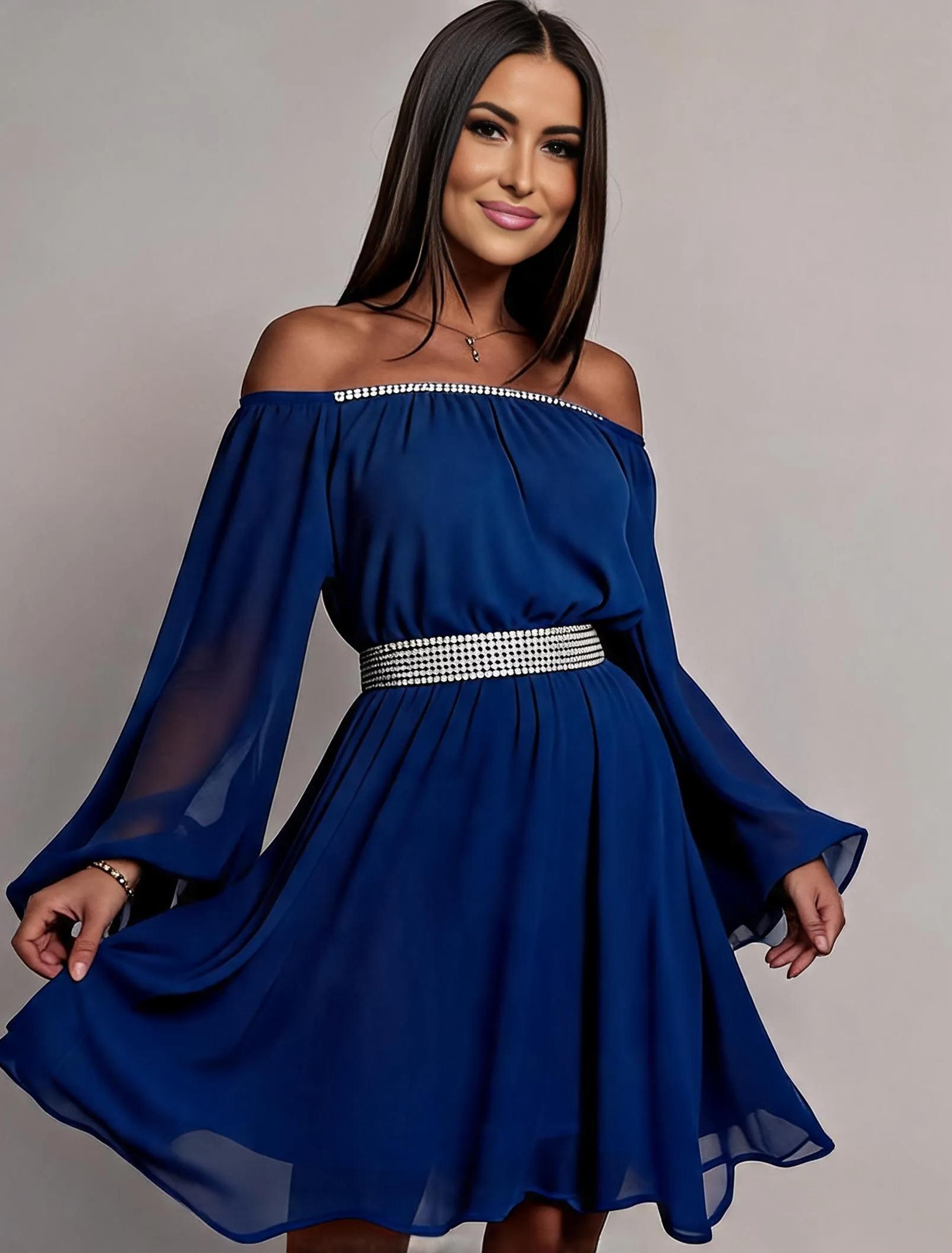 Rochie midi albastra din voal vaporoasa Alexia