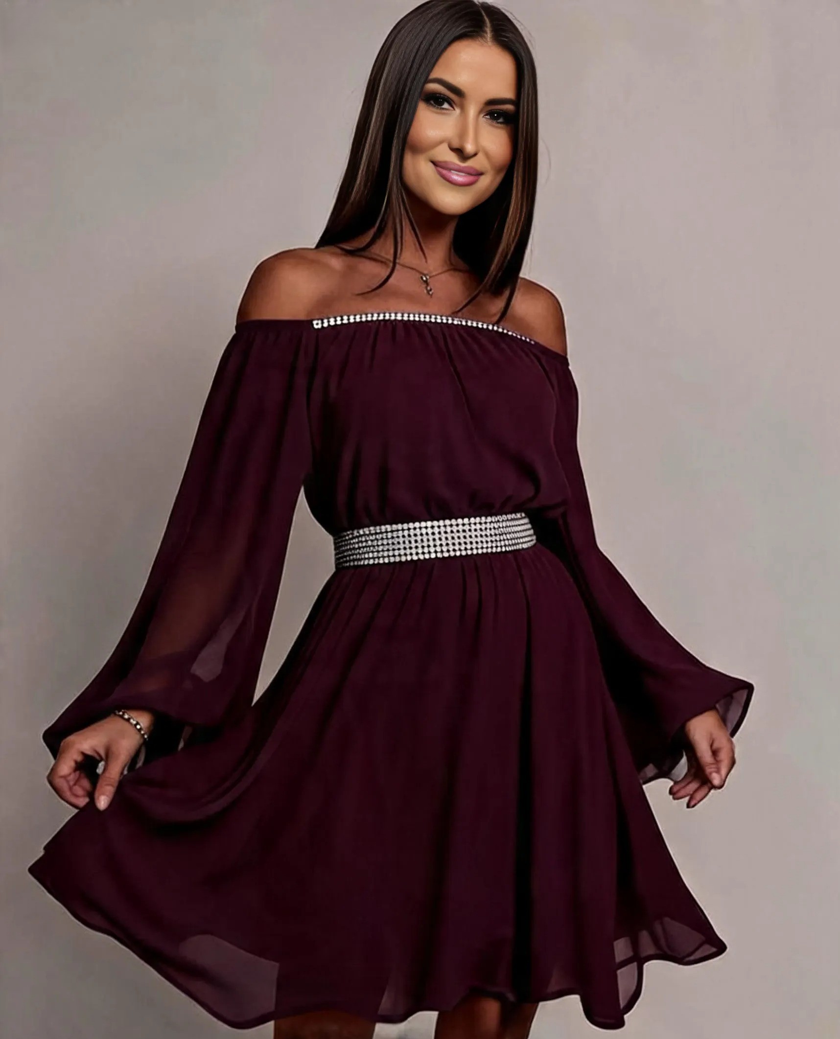 Rochie de ocazie midi vaporoasa din voal mov Alexia