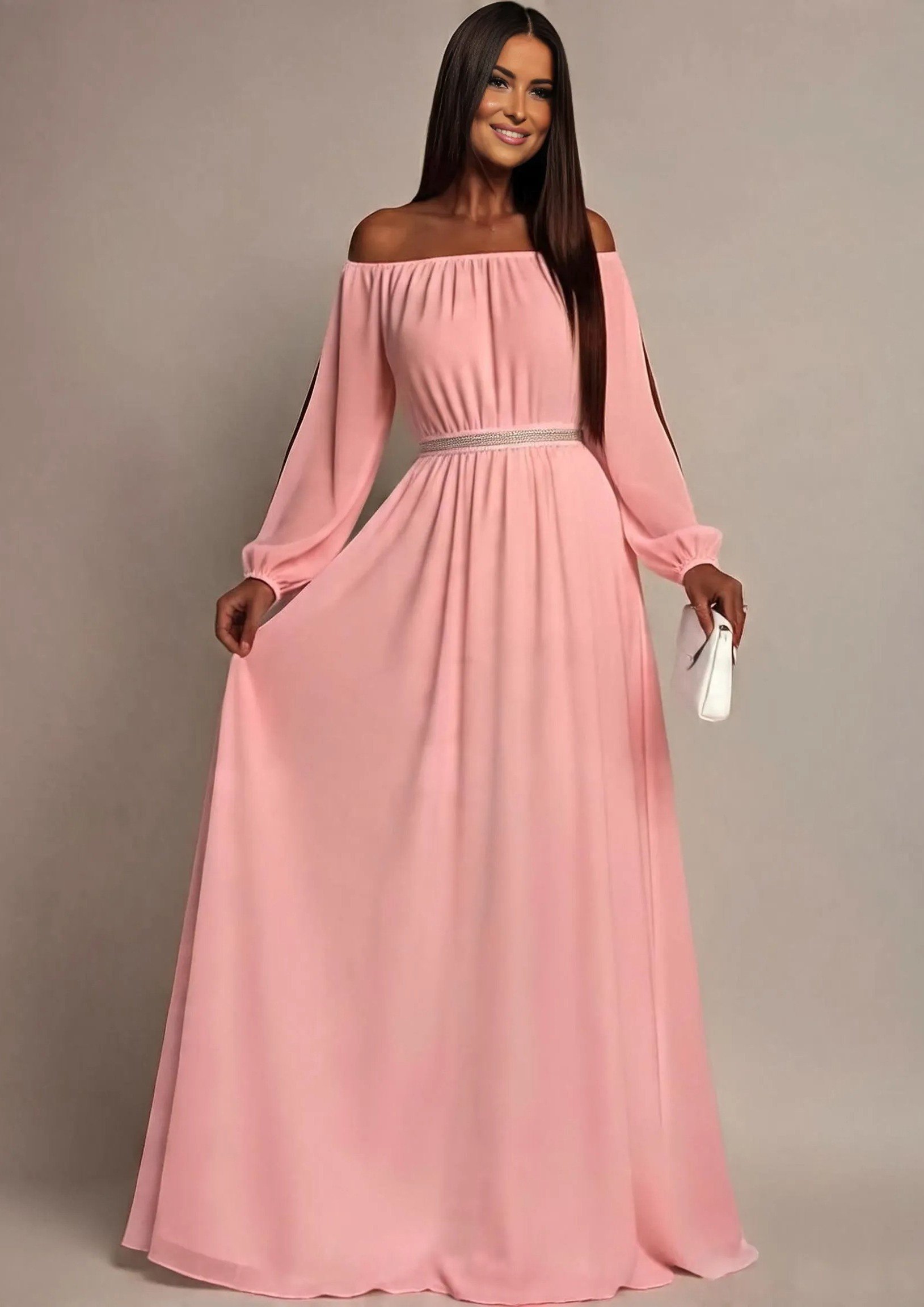Rochie lunga roz pal din voal vaporoasa Afrodita