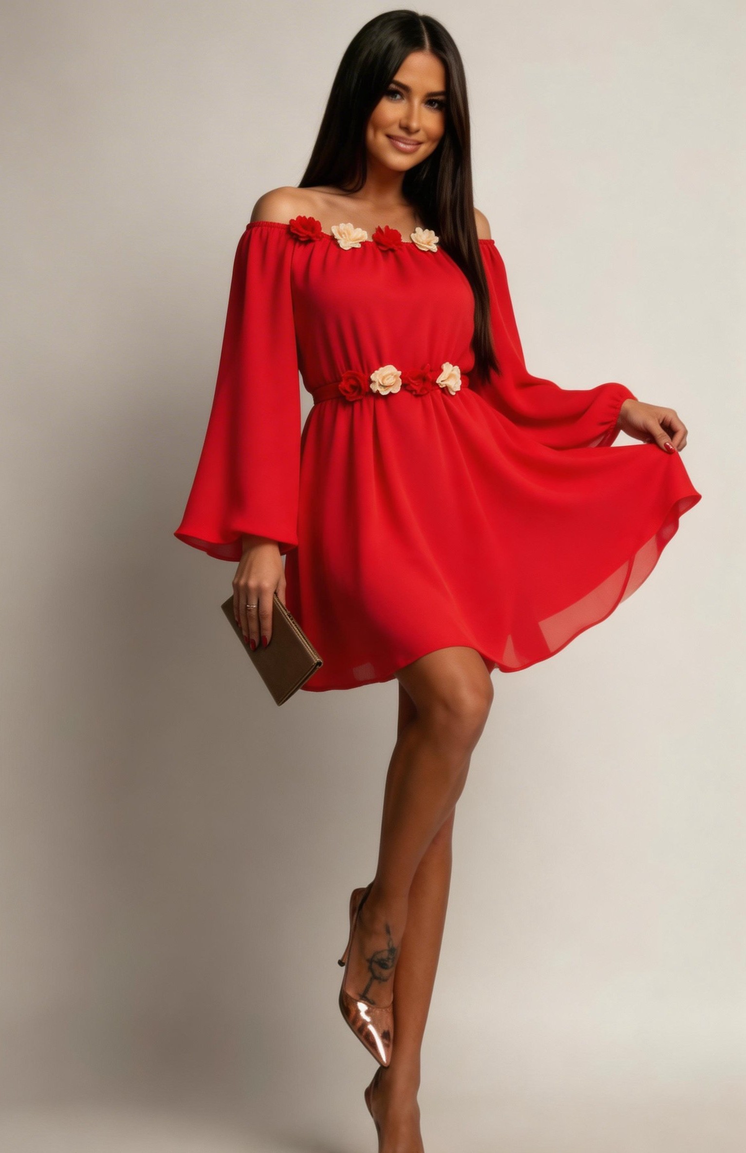 rochie roz scurta eleganta Rochie scurta rosie din voal vaporoasa cu maneca lunga Raisa