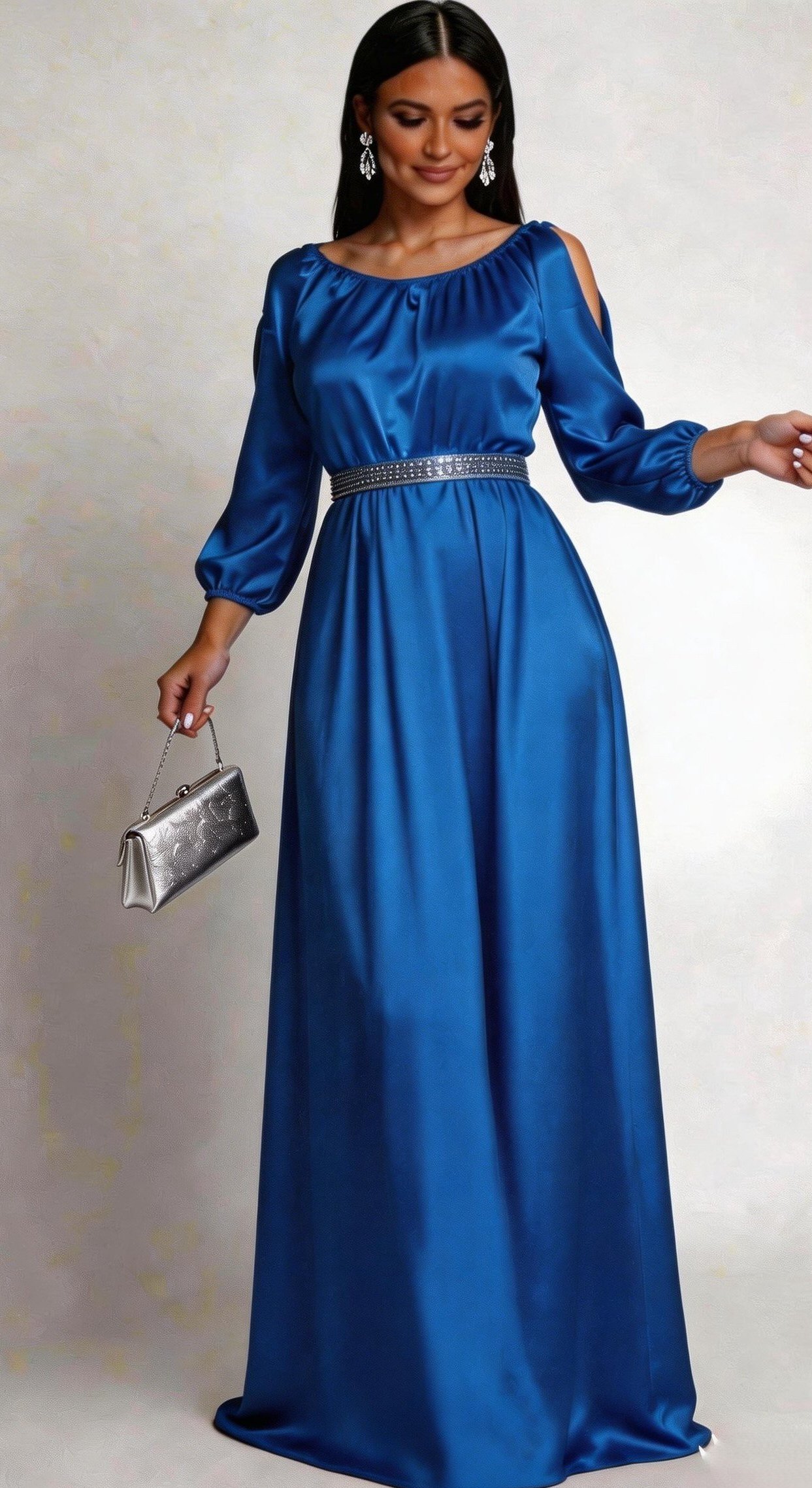 rochie mini de seara Rochie lunga din satin albastra vaporoasa cu maneca lunga Larisa