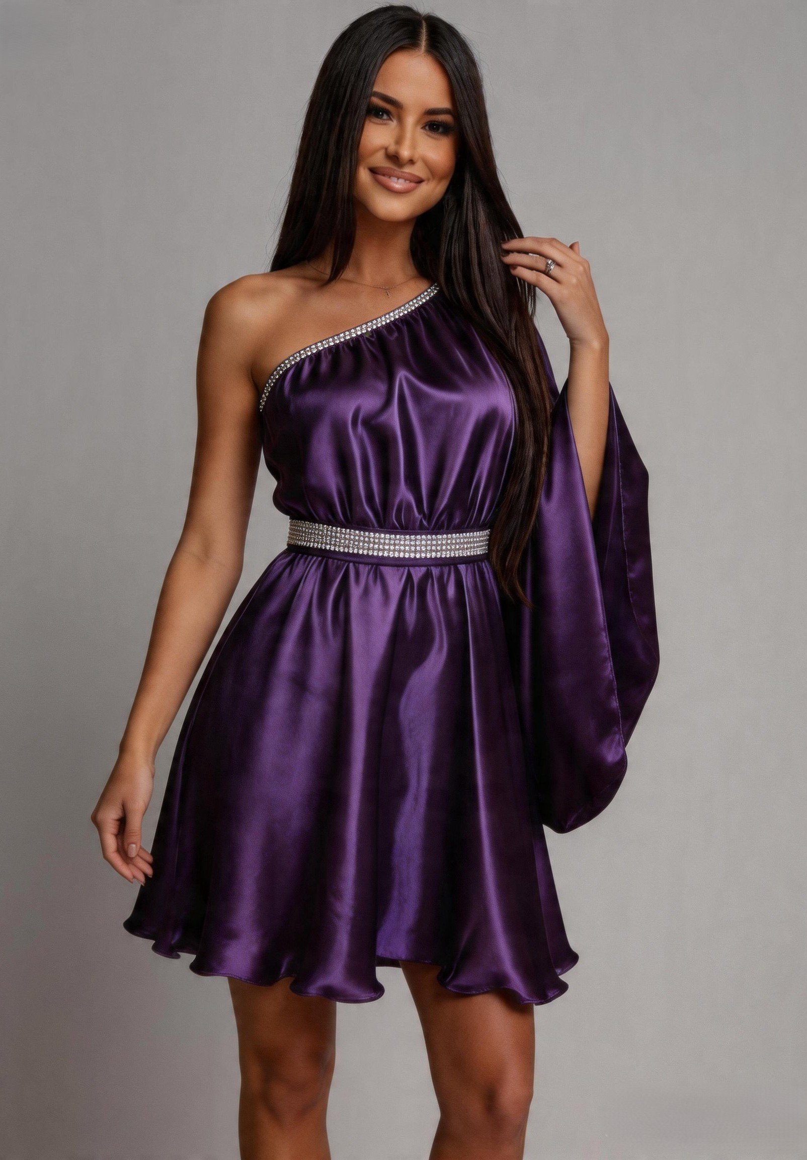 glicina mov Rochie babydoll din satin mov cu maneca lunga Melike