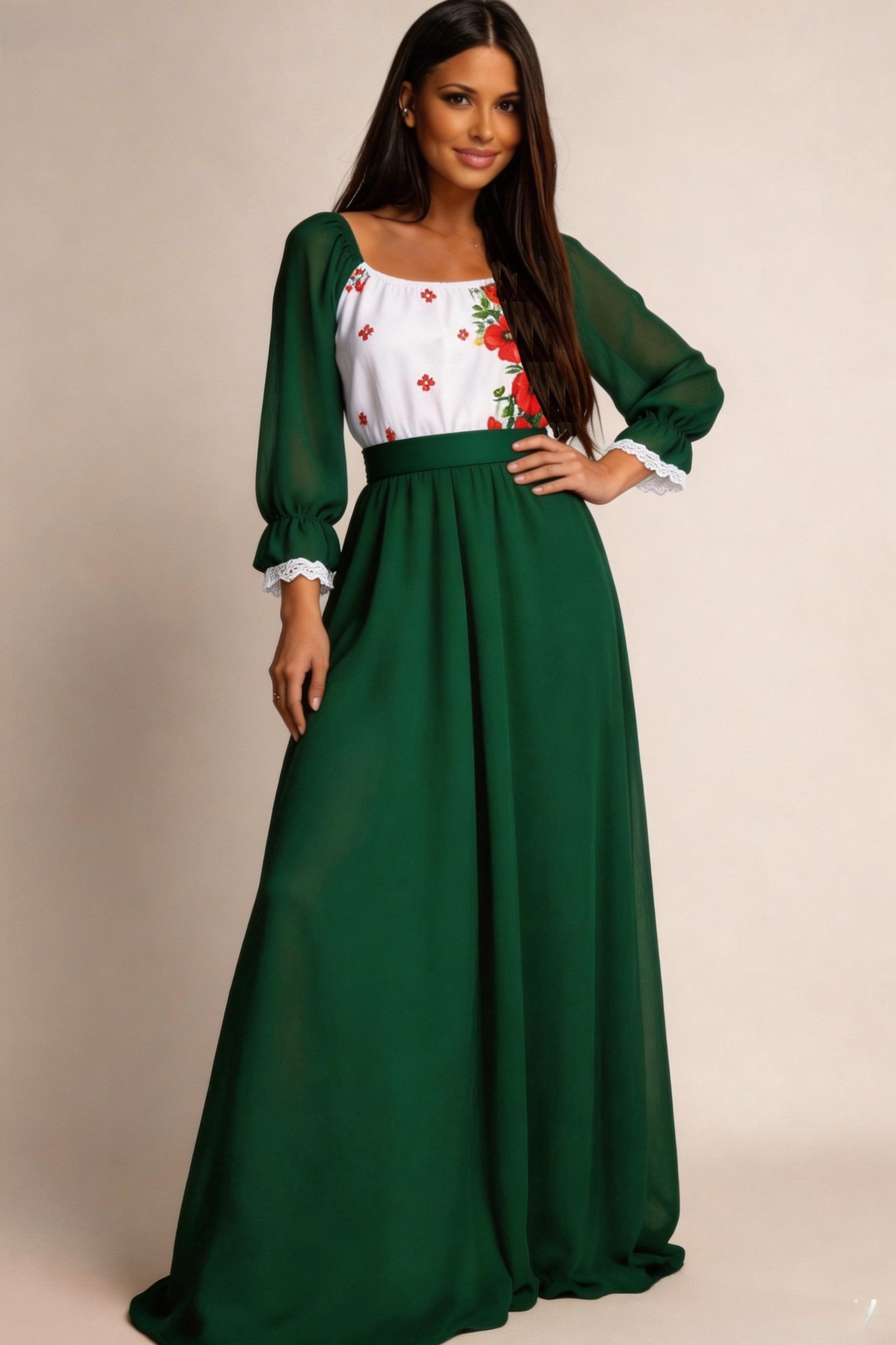 rochie lunga Rochie lunga verde din voal cu motive traditionale pe bust Emanuela