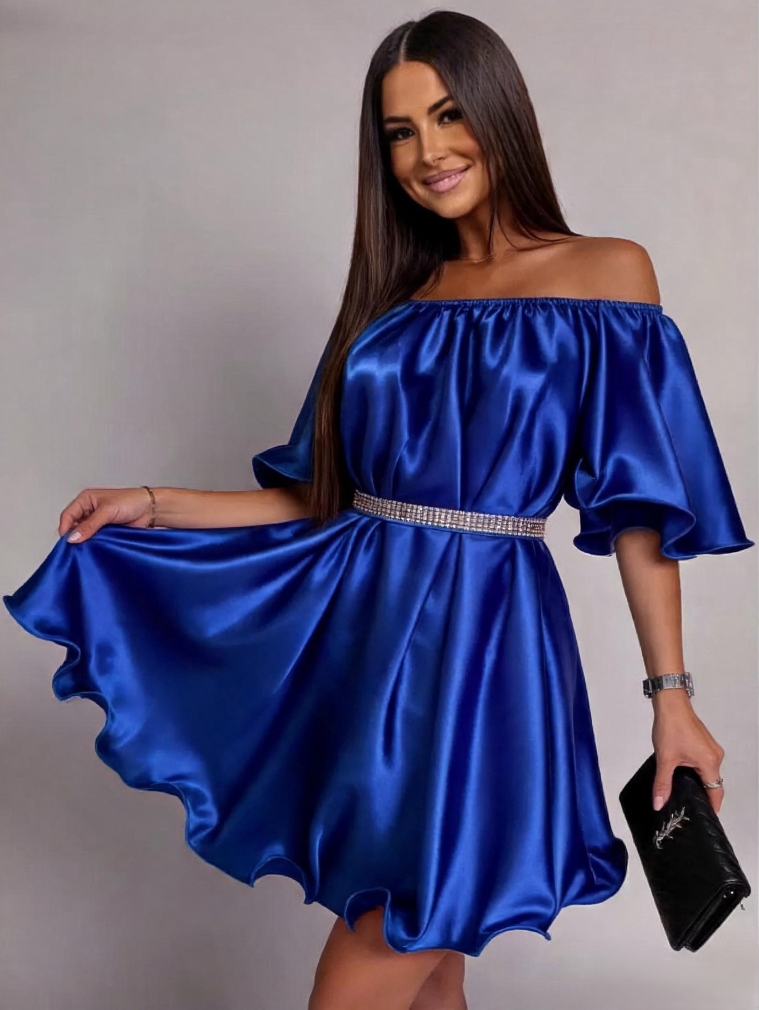 rochie roz scurta eleganta Rochie baby doll scurta din satin albastra Jimena