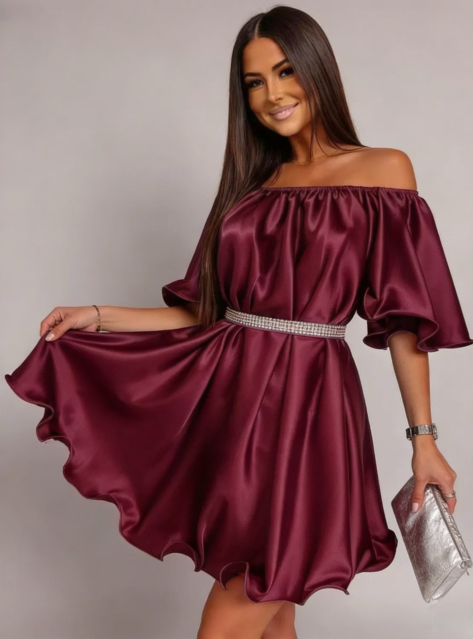 rochie roz scurta eleganta Rochie baby doll scurta din satin burgundy Jimena
