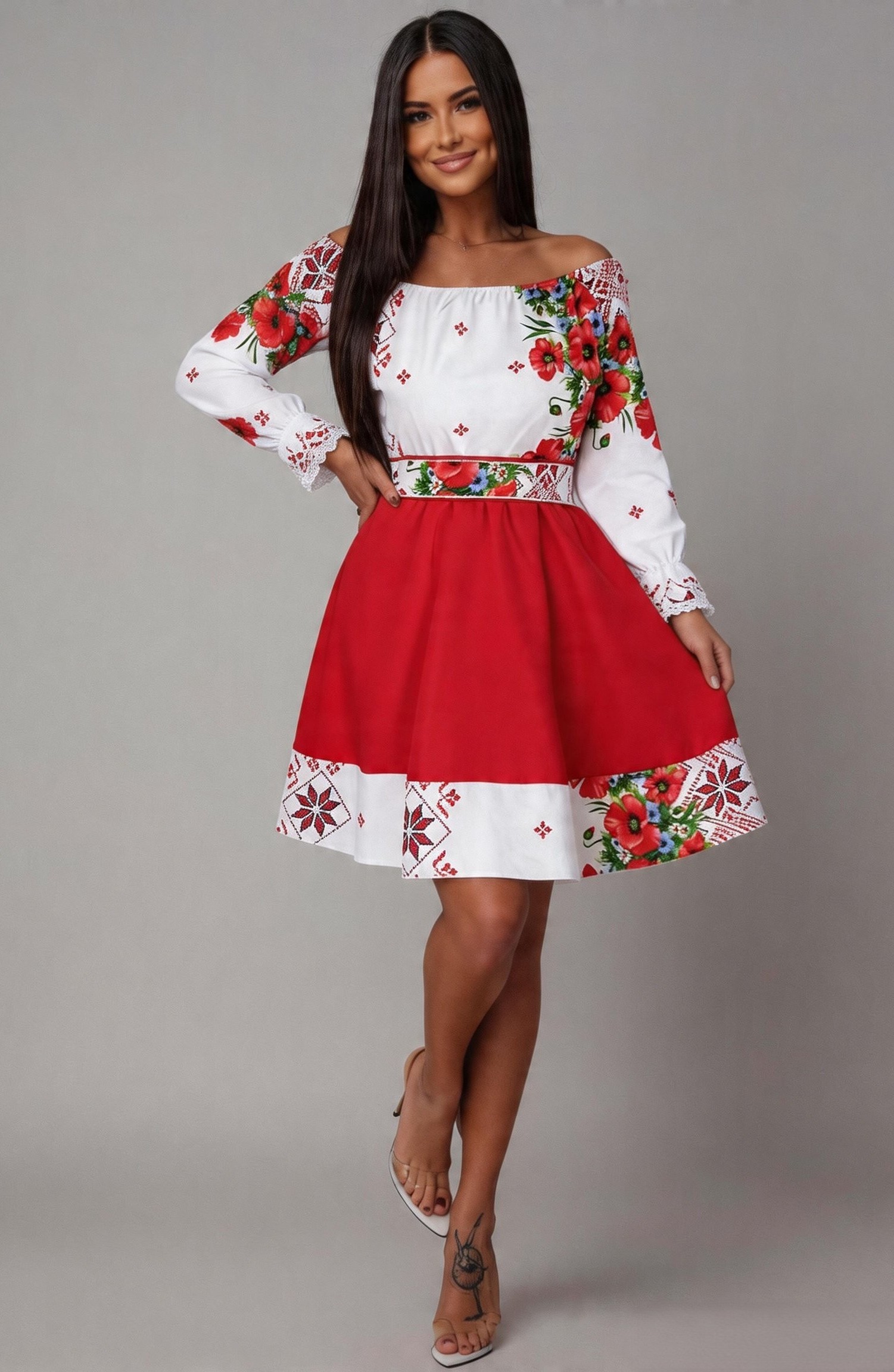 rochie roz scurta eleganta Rochie cu motive traditionale scurta tafta rosie cu maci Soledad