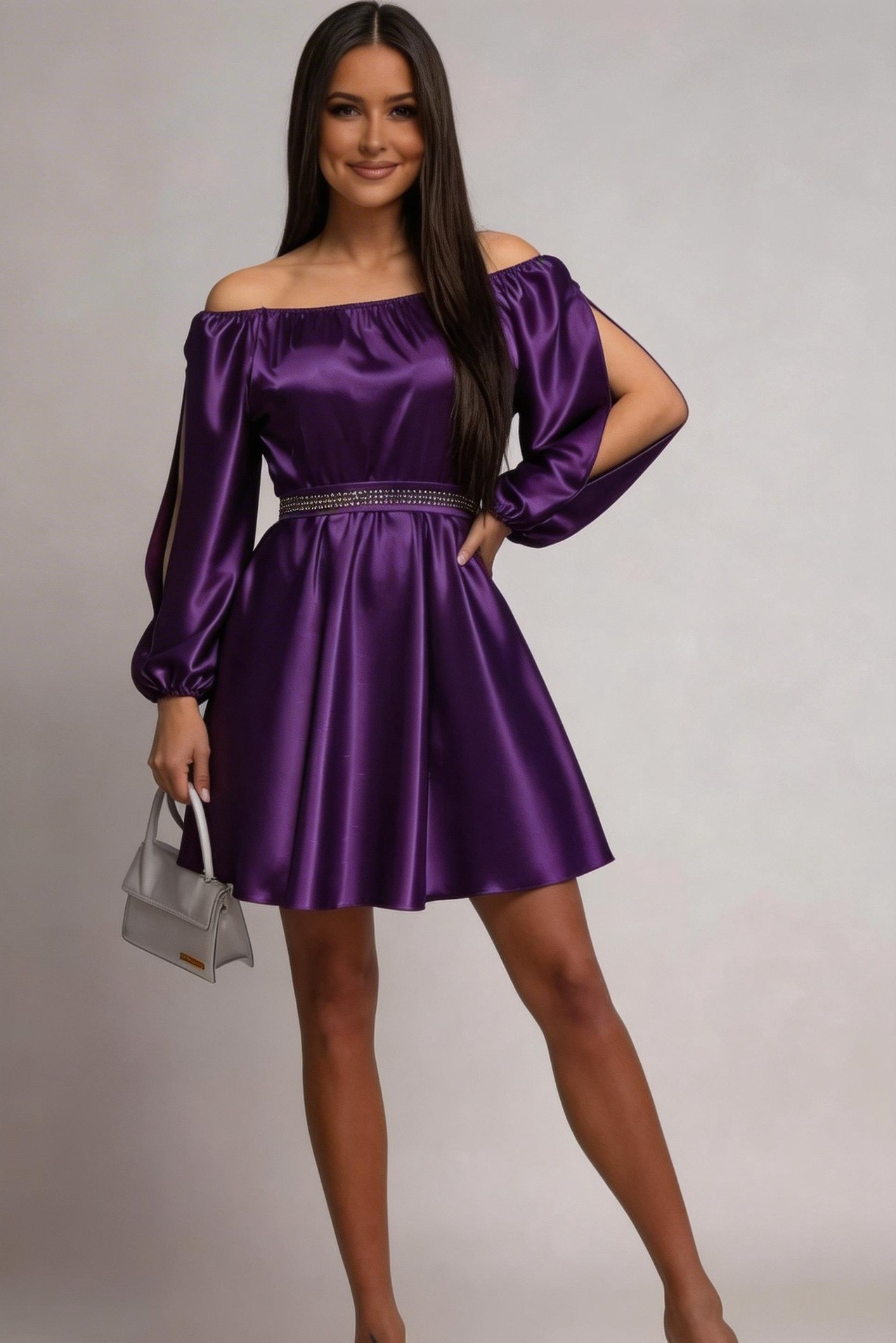 rochie roz scurta eleganta Rochie scurta din satin mov babydoll cu umerii goi Calirroe