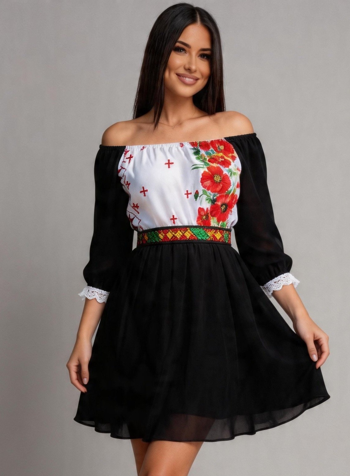 rochie roz scurta eleganta Rochie scurta neagra cu maci din voal cu motive traditionale Loredana