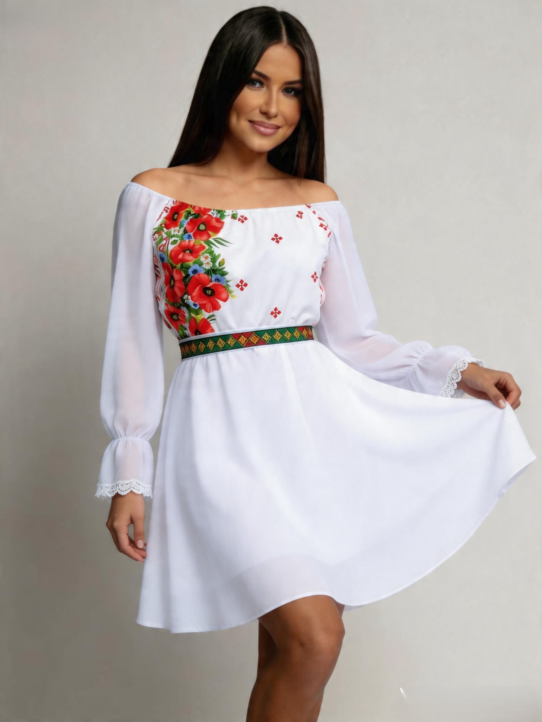 rochie roz scurta eleganta Rochie scurta alba cu maci cu motive traditionale din voal Loredana