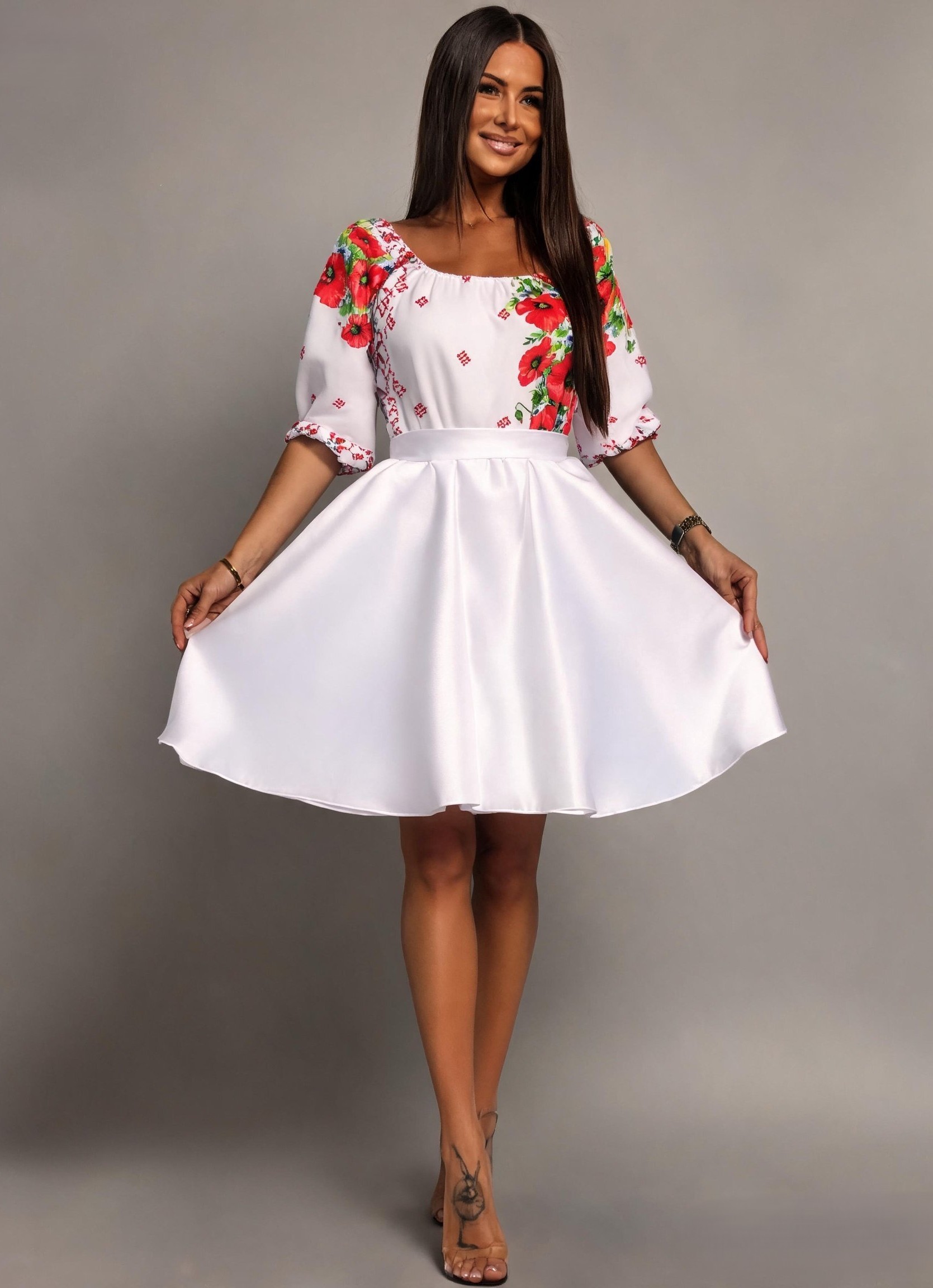 rochii dama midi Rochie traditionala midi alba cu maci rosii Azra