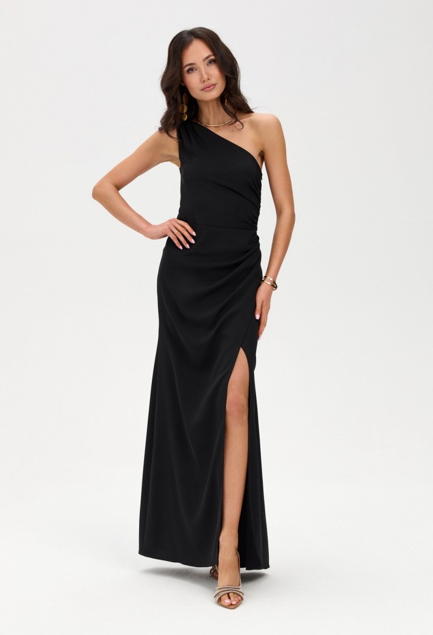 Rochie neagra lunga mulata crapata pe picior cu un umar gol CelestiaR