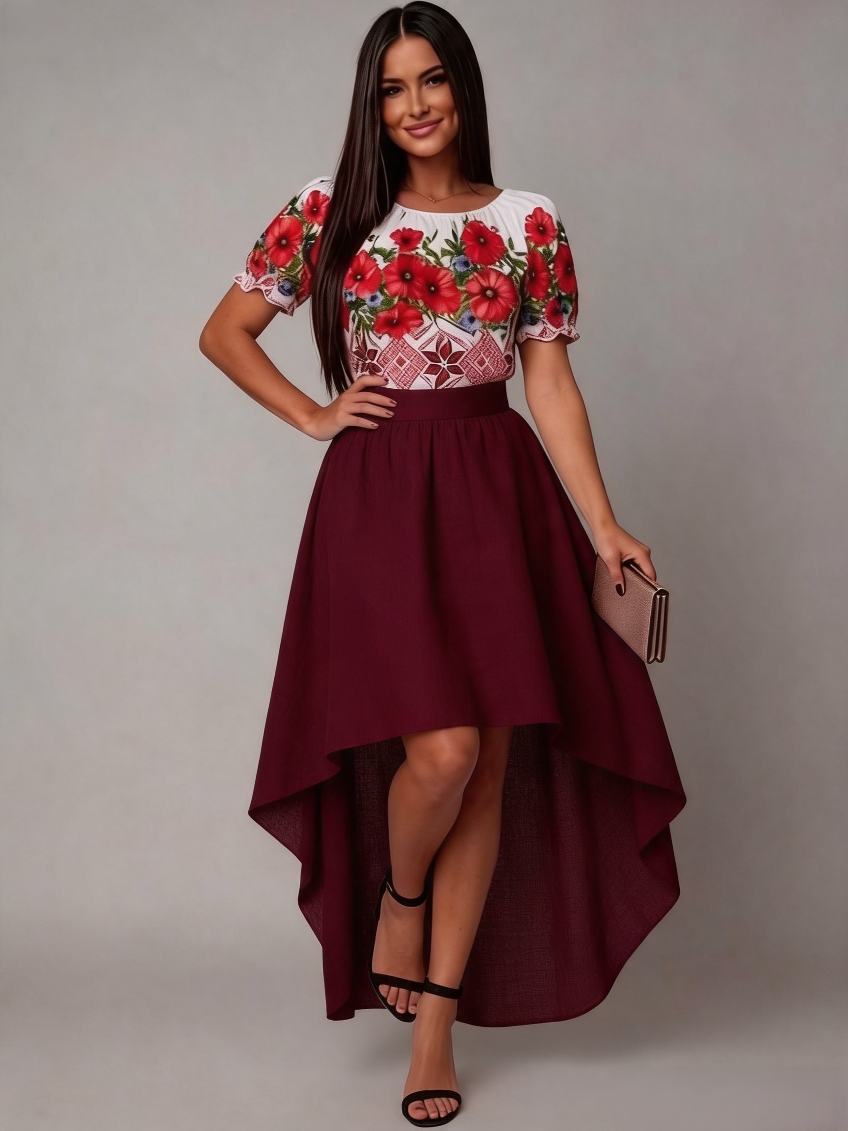 Rochie midi cu motive traditionale din tafta burgundy cu maci Byanca