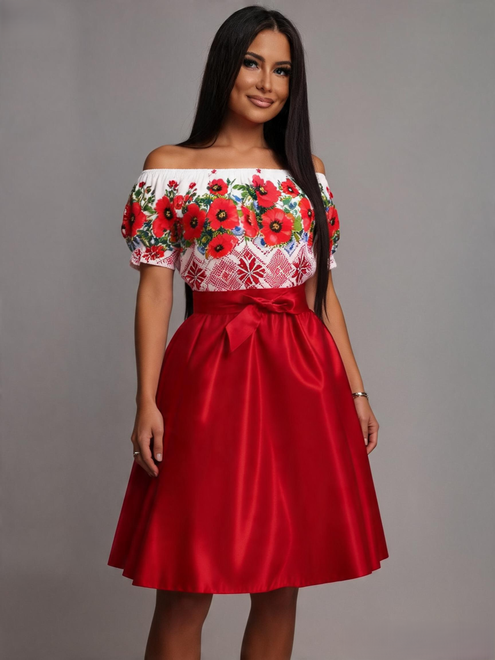 Rochie de zi midi traditionala in clos din tafta rosie cu maci Adana
