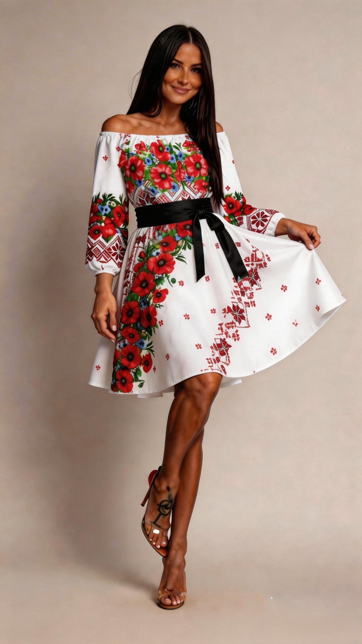 rochie roz scurta eleganta Rochie traditionala scurta alba cu maci rosii Lesya