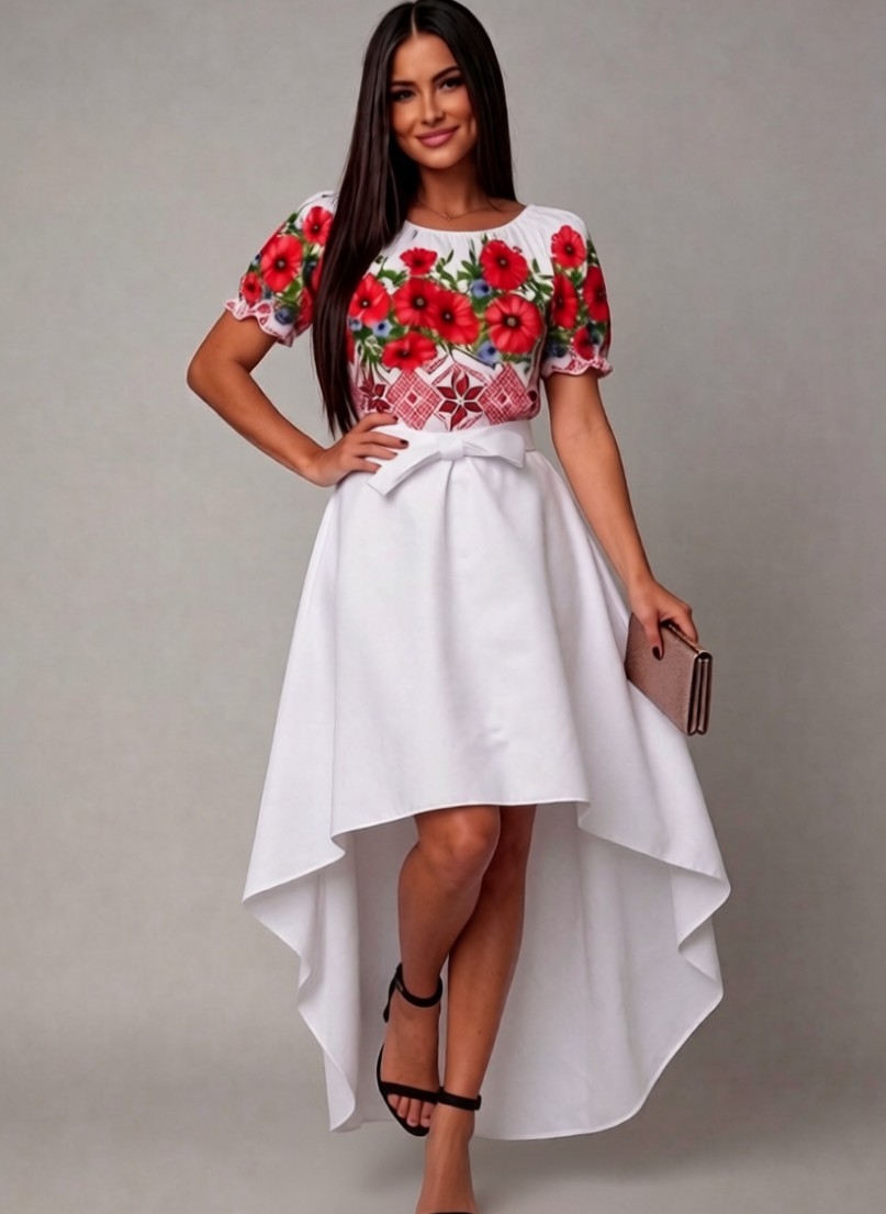 Rochie traditionala asimetrica, tafta alba si maci, cu trena, Byanca