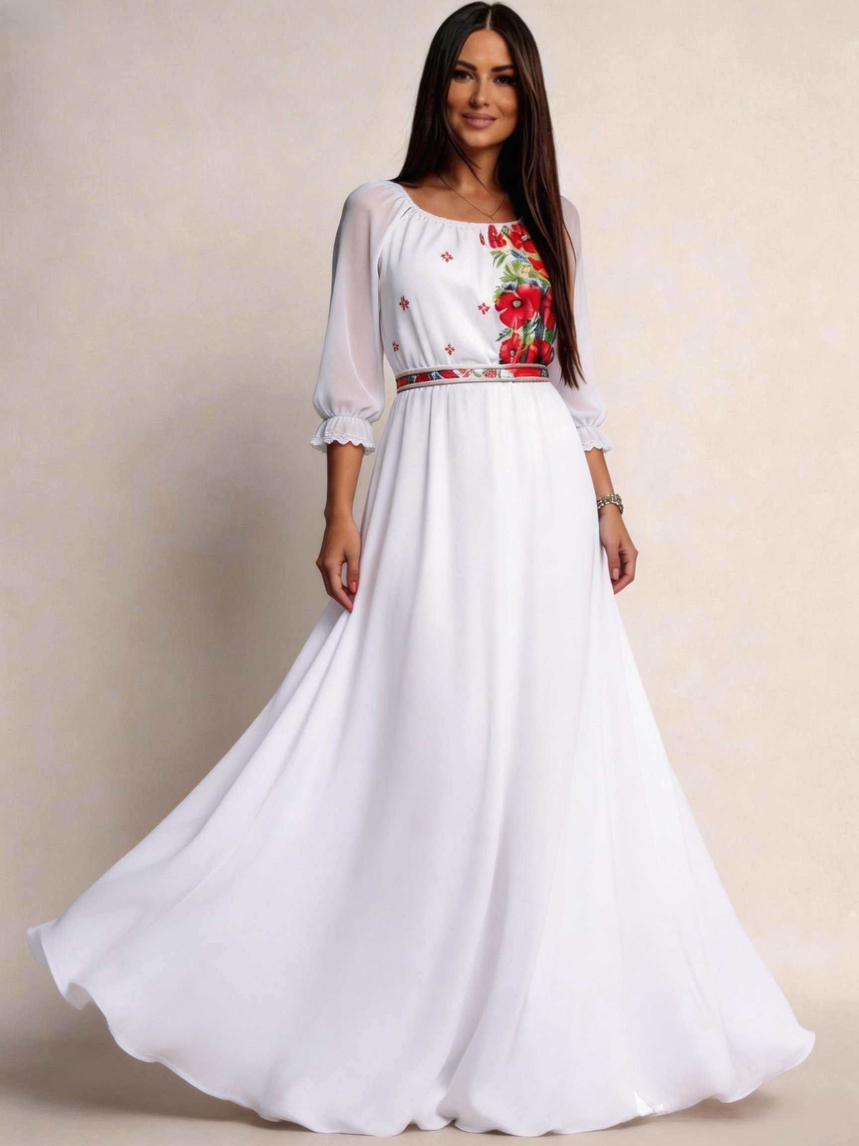 rochie lunga Rochie traditionala lunga alba din voal vaporoasa cu maci rosii Emanuela