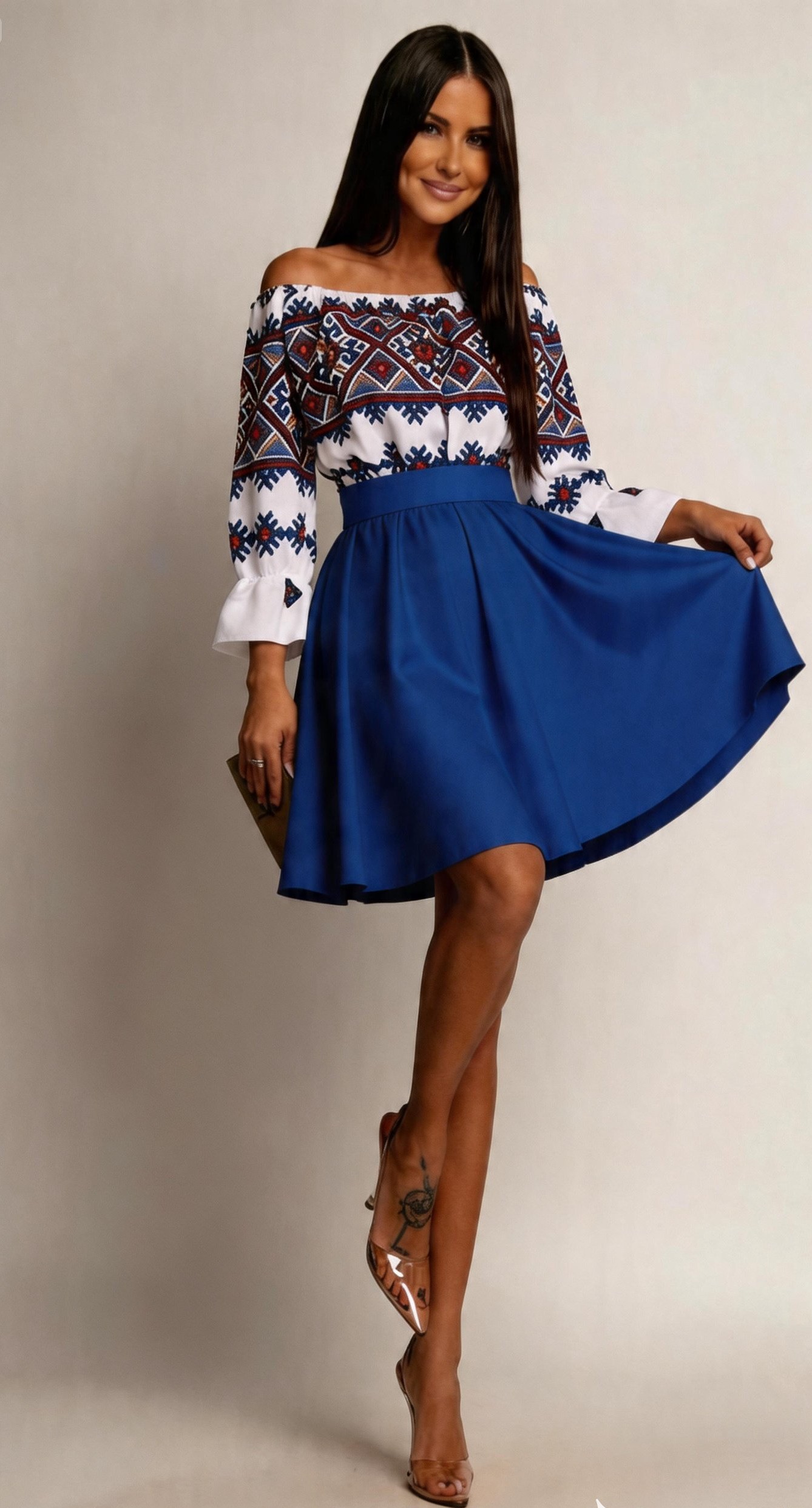 rochii dama midi Rochie traditonala midi, din tafta albastra, cu maneca lunga, Alessa