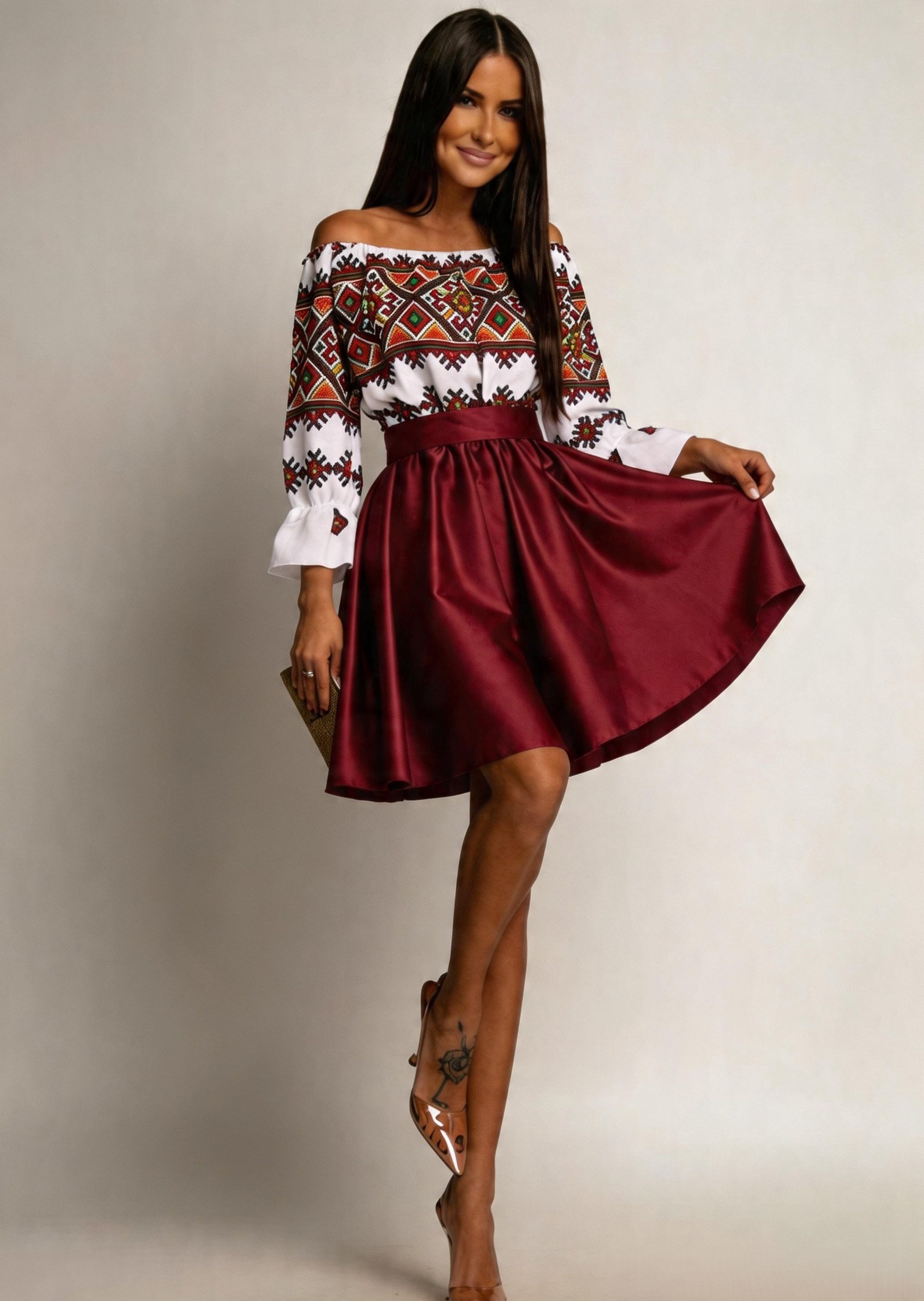 rochie lunga Rochie traditonala midi, din tafta burgundy, cu maneca lunga, Alessa