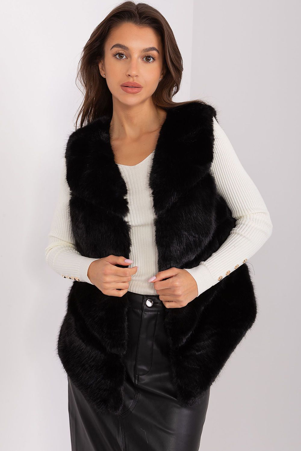 Vesta dama midi, din blana eco, neagra, asimetrica, Odette