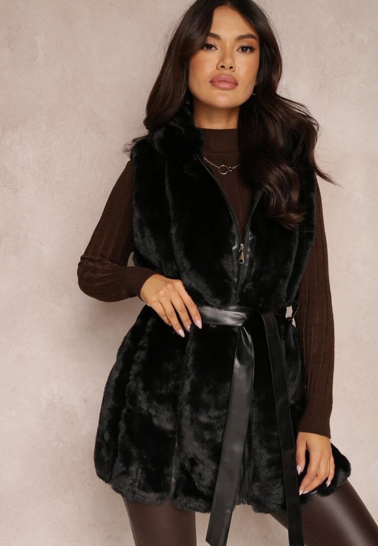 Vesta dama midi, din blana eco neagra, cu gluga si cordon, Kanita