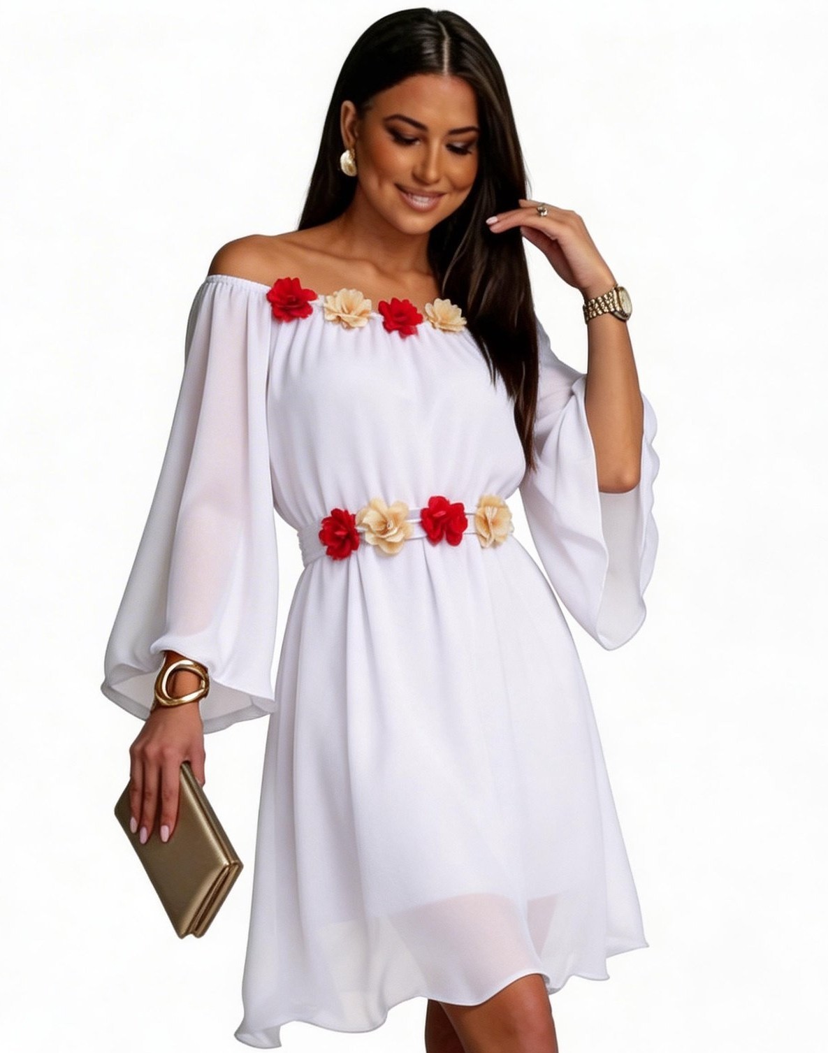 JojoFashion Rochie cununie civila, scurta, din voal, alba, cu maneca lunga, Raisa
