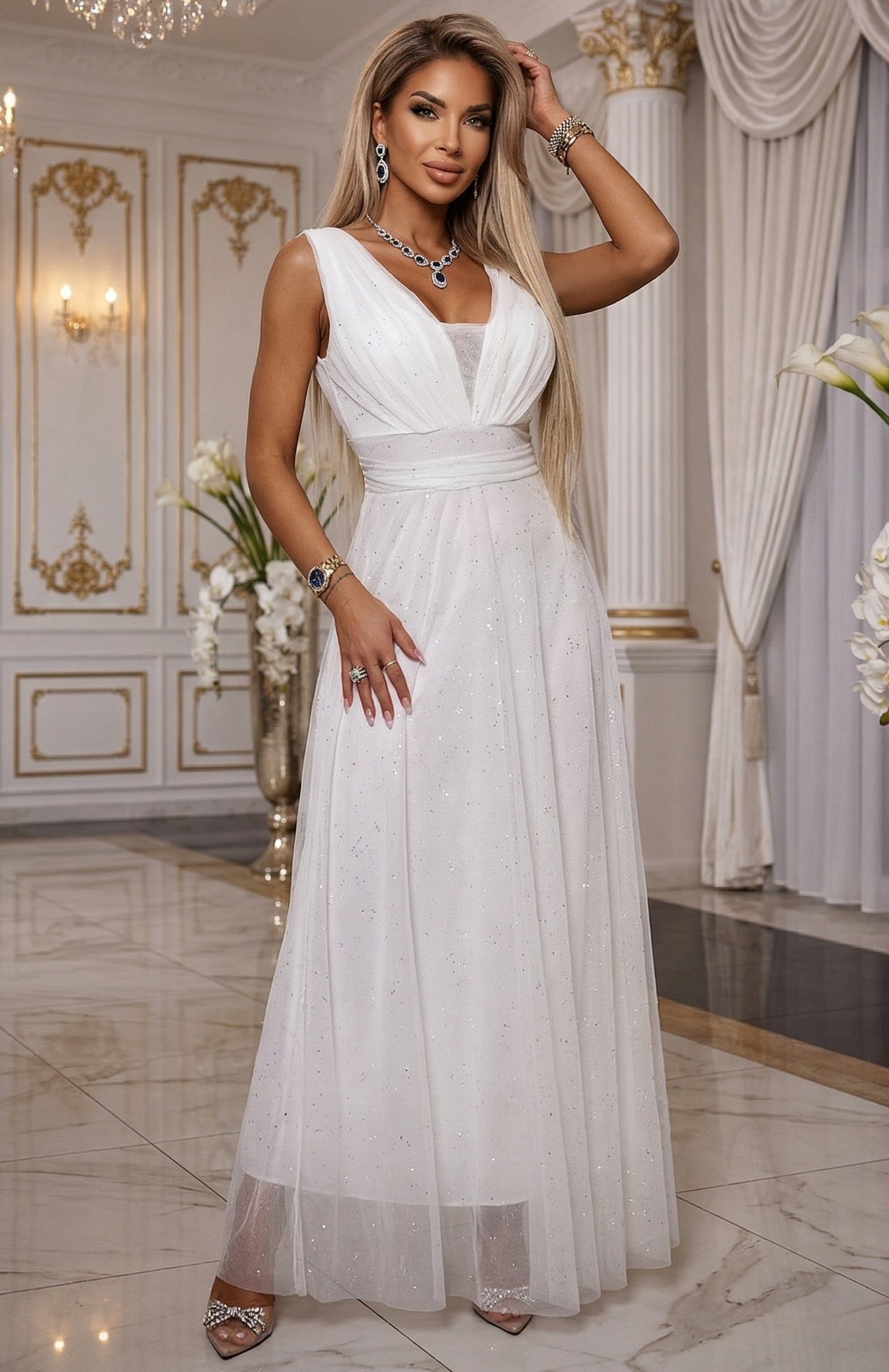 rochie lunga Rochie cununie civila alba lunga din tulle cu brocart vaporoasa Melania