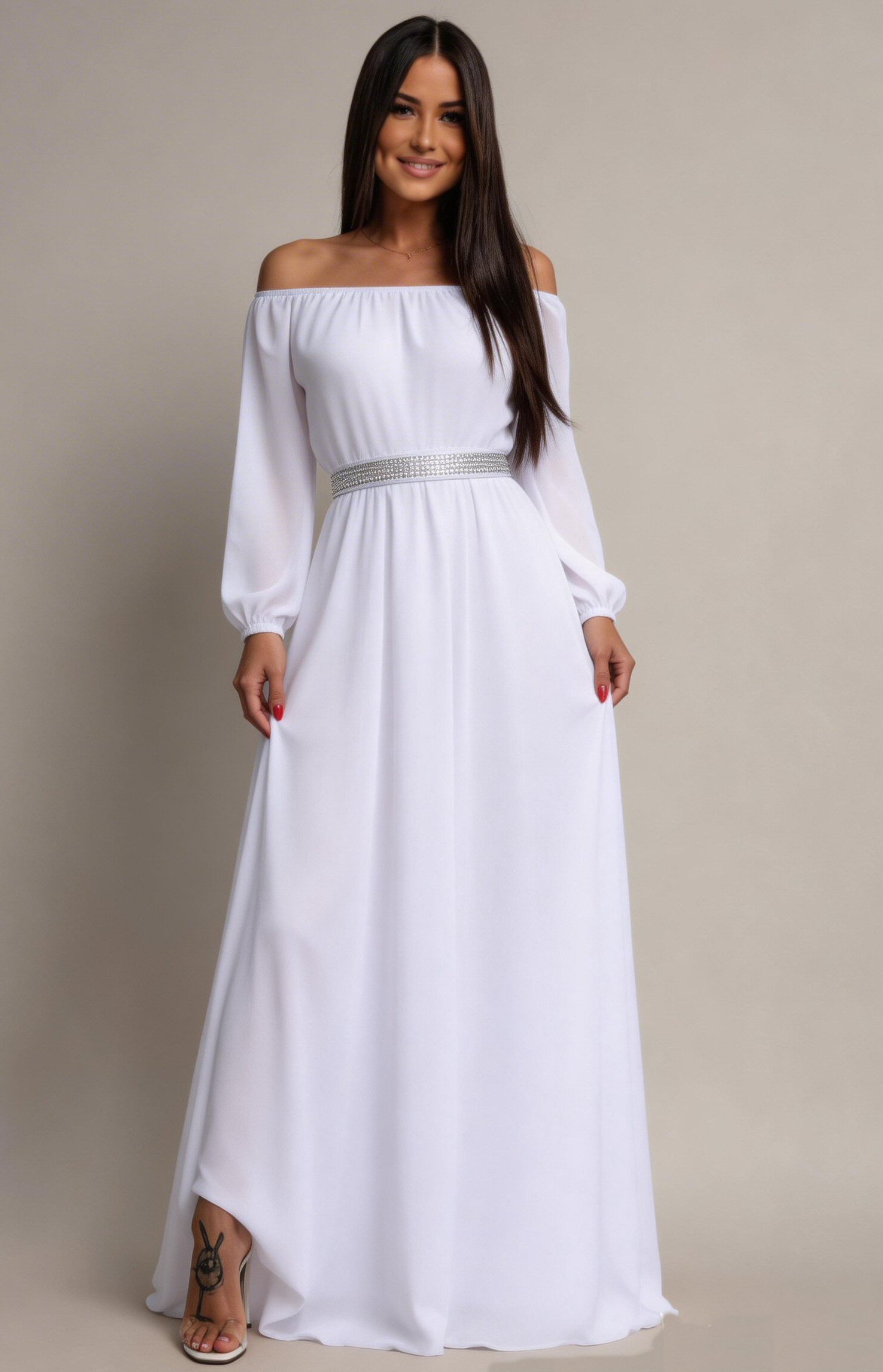 JojoFashion Rochie cununie civila lunga, voal, alba,  cu maneca lunga si umerii goi, Afrodita