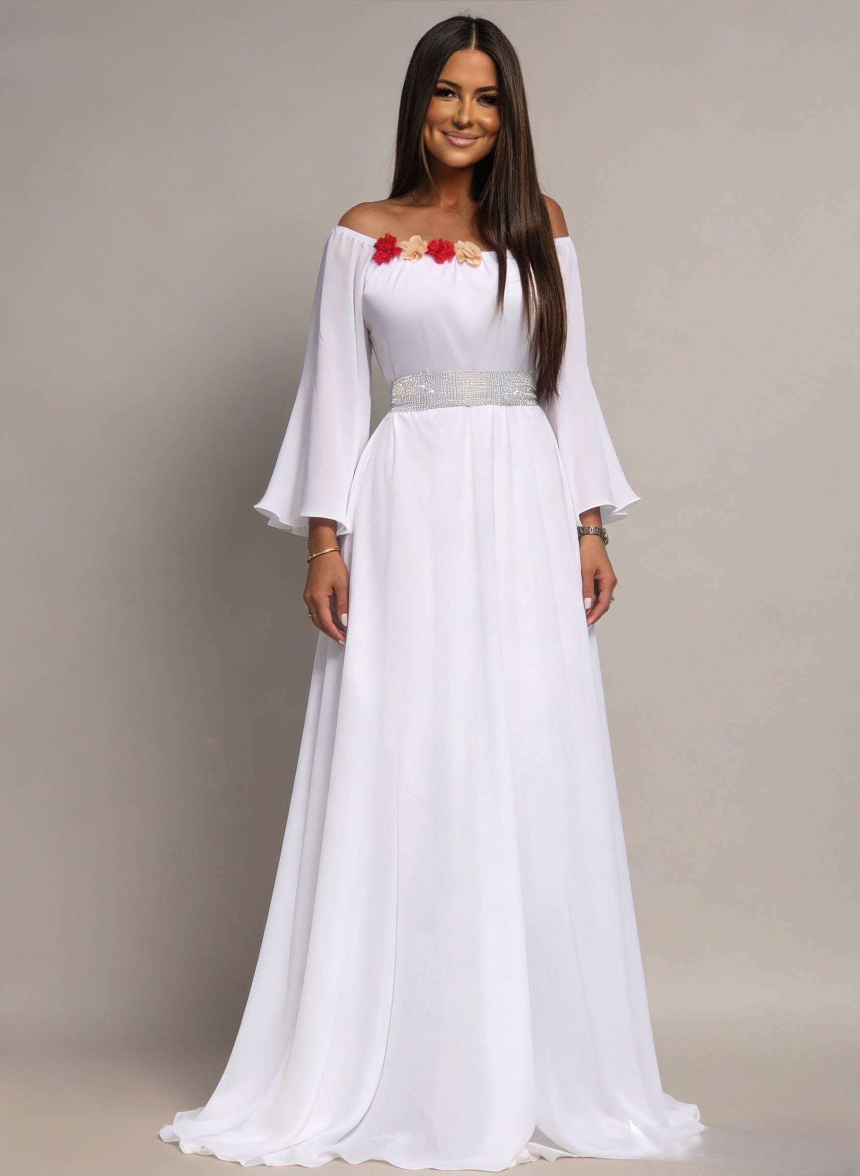 JojoFashion Rochie cununie civila lunga, din voal,alba, cu maneca lunga si umerii goi, FairyTale