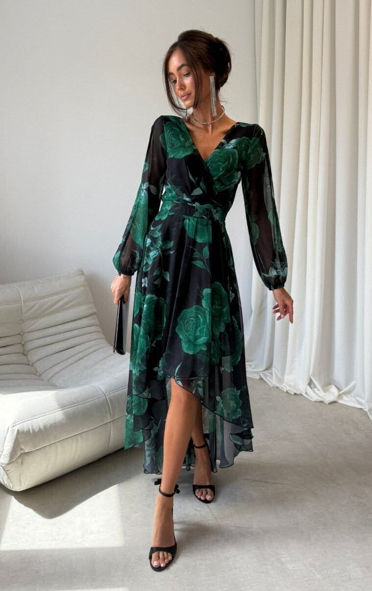 Rochie eleganta din voal verde lunga cu flori cu maneca lunga vaporoasa Sureya