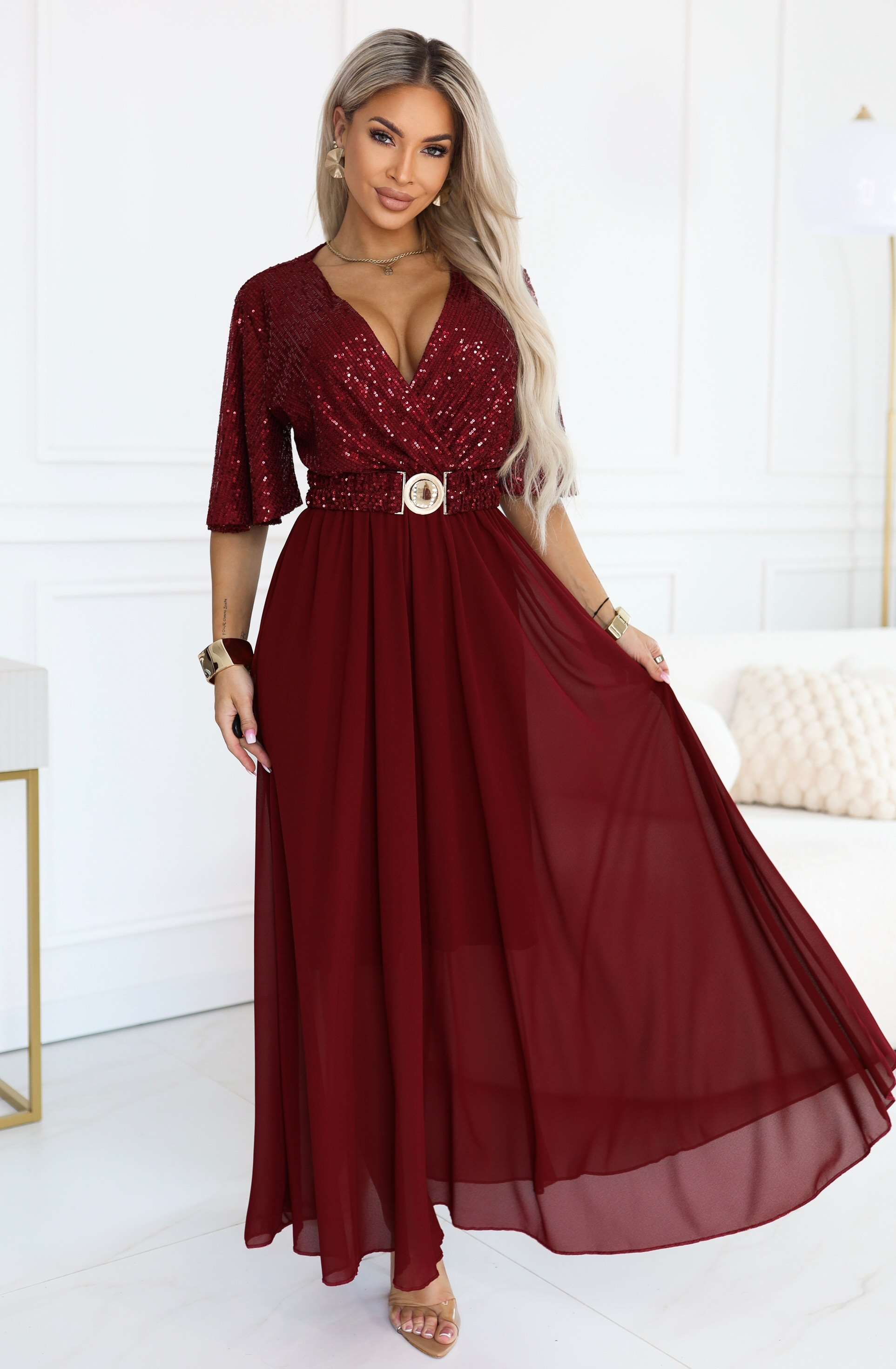 Rochie eleganta lunga rosie-burgundy cu bustul din paiete vaporoasa Elvia