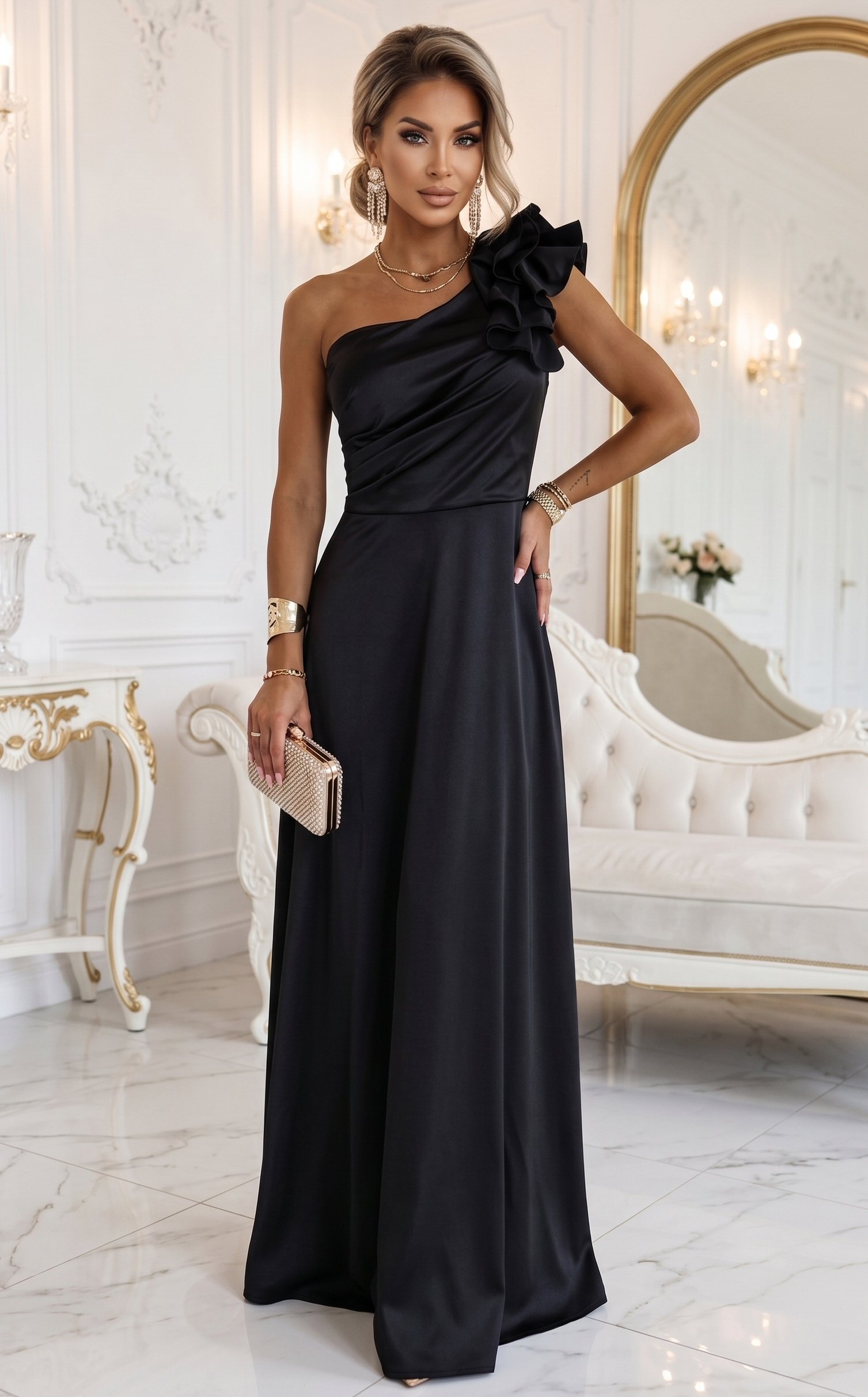 Rochie eleganta neagra din satin cu un umar gol si volan floral Natalia