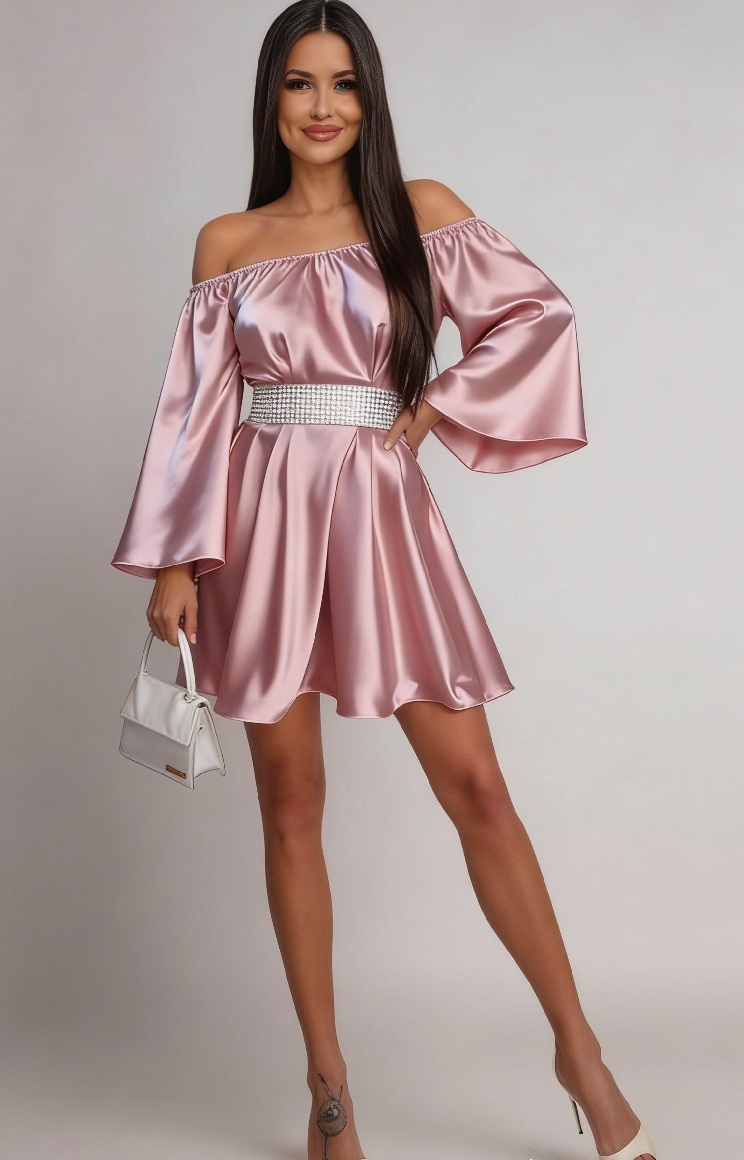 baby nest Rochie scurta din satin roz baby doll vaporoasa Merida