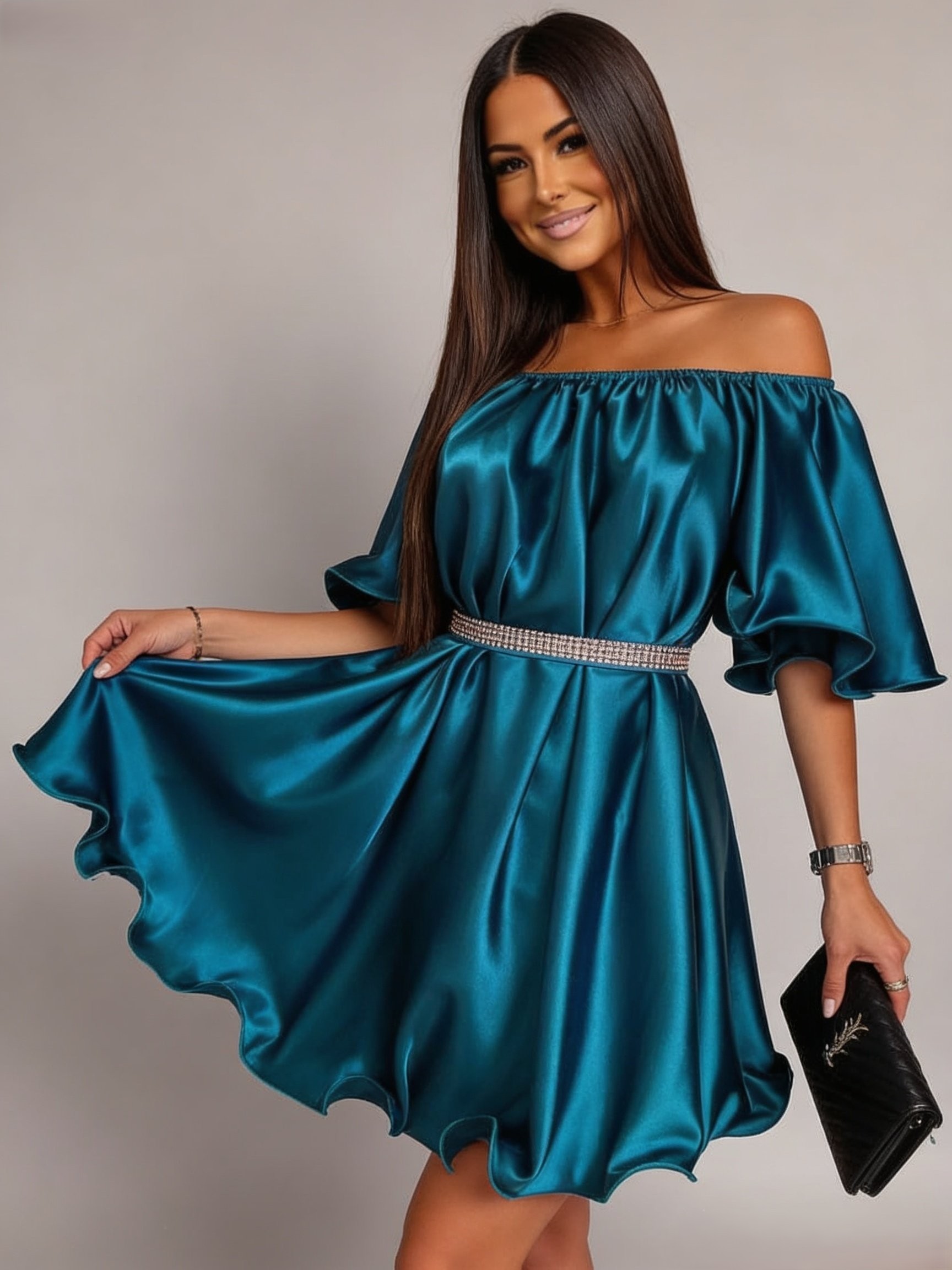 Rochie baby doll scurta, din satin, turcoaz, cu maneca scurta, Jimena
